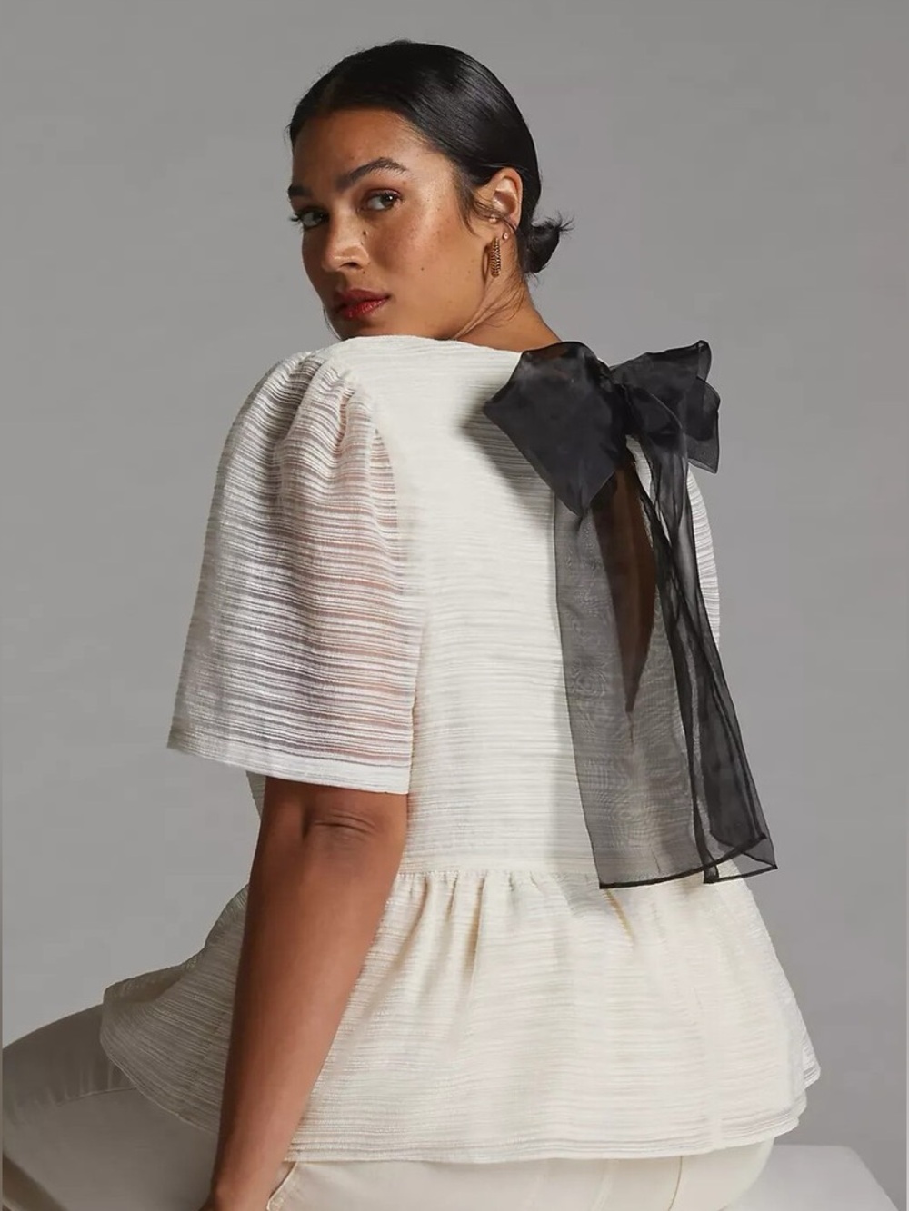 Anthropologie Sunday in Brooklyn Cream Sheer Bow-Back Blouse Top Plus Size 2X 🎀